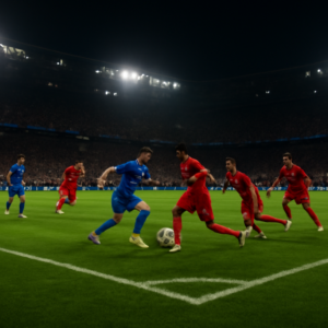 Pemain sepak bola bertanding di fase grup Liga Champions di stadion malam hari