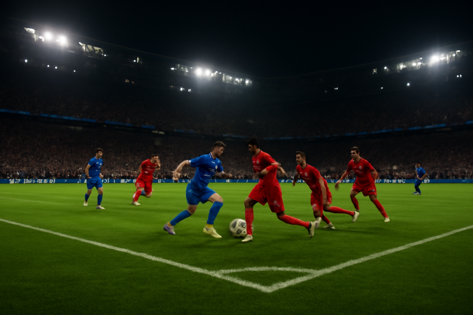 Pemain sepak bola bertanding di fase grup Liga Champions di stadion malam hari