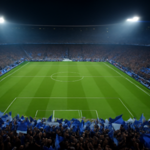 Stadion sepak bola malam hari pada matchday Liga Champions dengan tribun penonton penuh