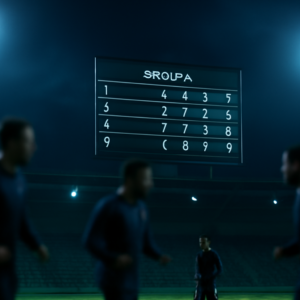 Papan skor stadion menampilkan klasemen fase grup Liga Champions saat pemain melakukan pemanasan