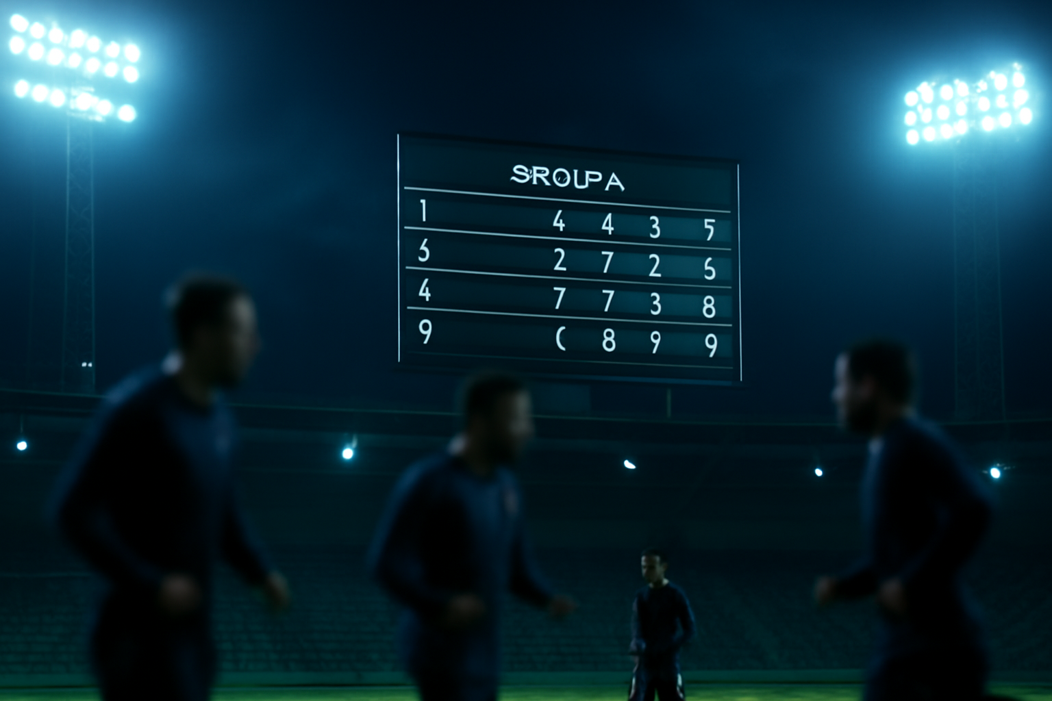 Papan skor stadion menampilkan klasemen fase grup Liga Champions saat pemain melakukan pemanasan