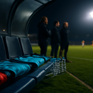 Bangku cadangan tim sepak bola dengan jersey cadangan dan staf pelatih di tepi lapangan saat pertandingan malam