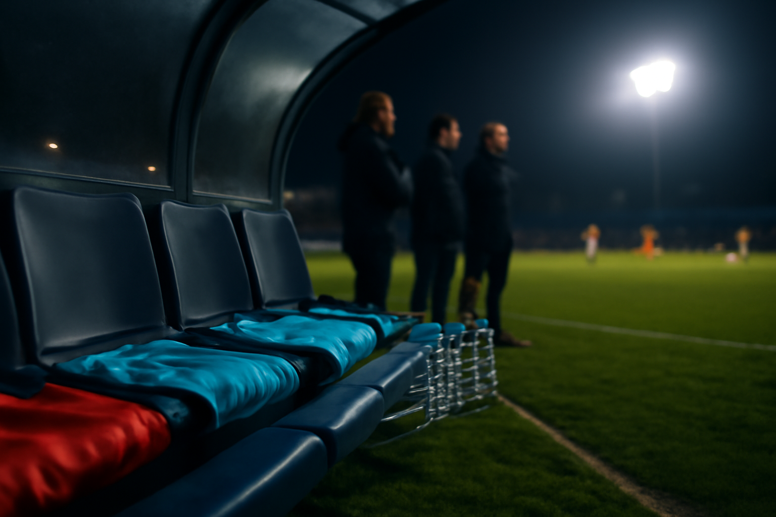 Bangku cadangan tim sepak bola dengan jersey cadangan dan staf pelatih di tepi lapangan saat pertandingan malam
