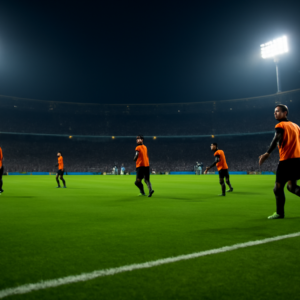 Stadion sepak bola malam hari menjelang pertandingan fase liga kompetisi Eropa