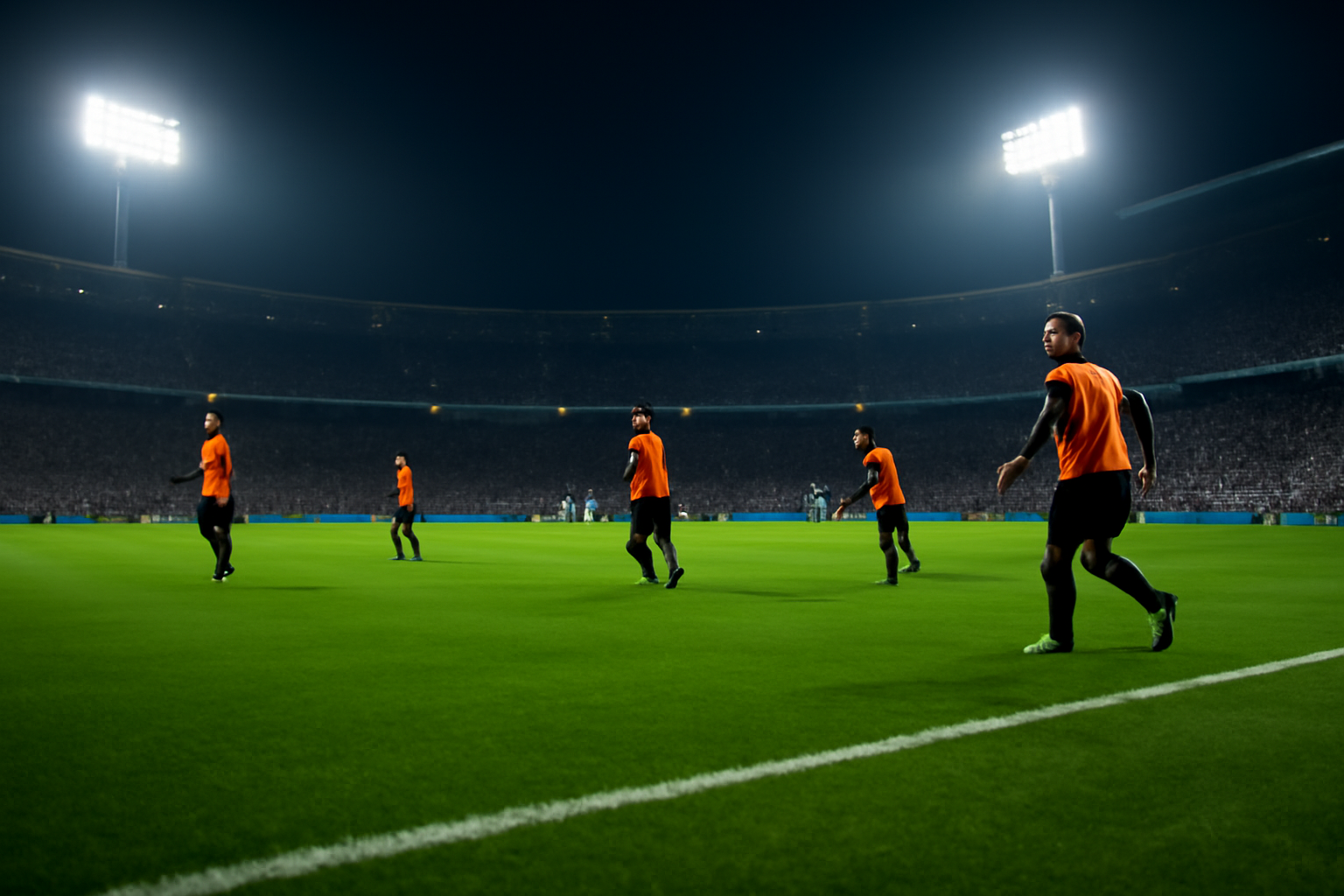 Stadion sepak bola malam hari menjelang pertandingan fase liga kompetisi Eropa