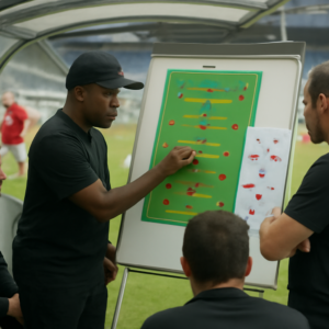 Pelatih dan staf menyusun strategi rotasi pemain di pinggir lapangan sebelum pertandingan