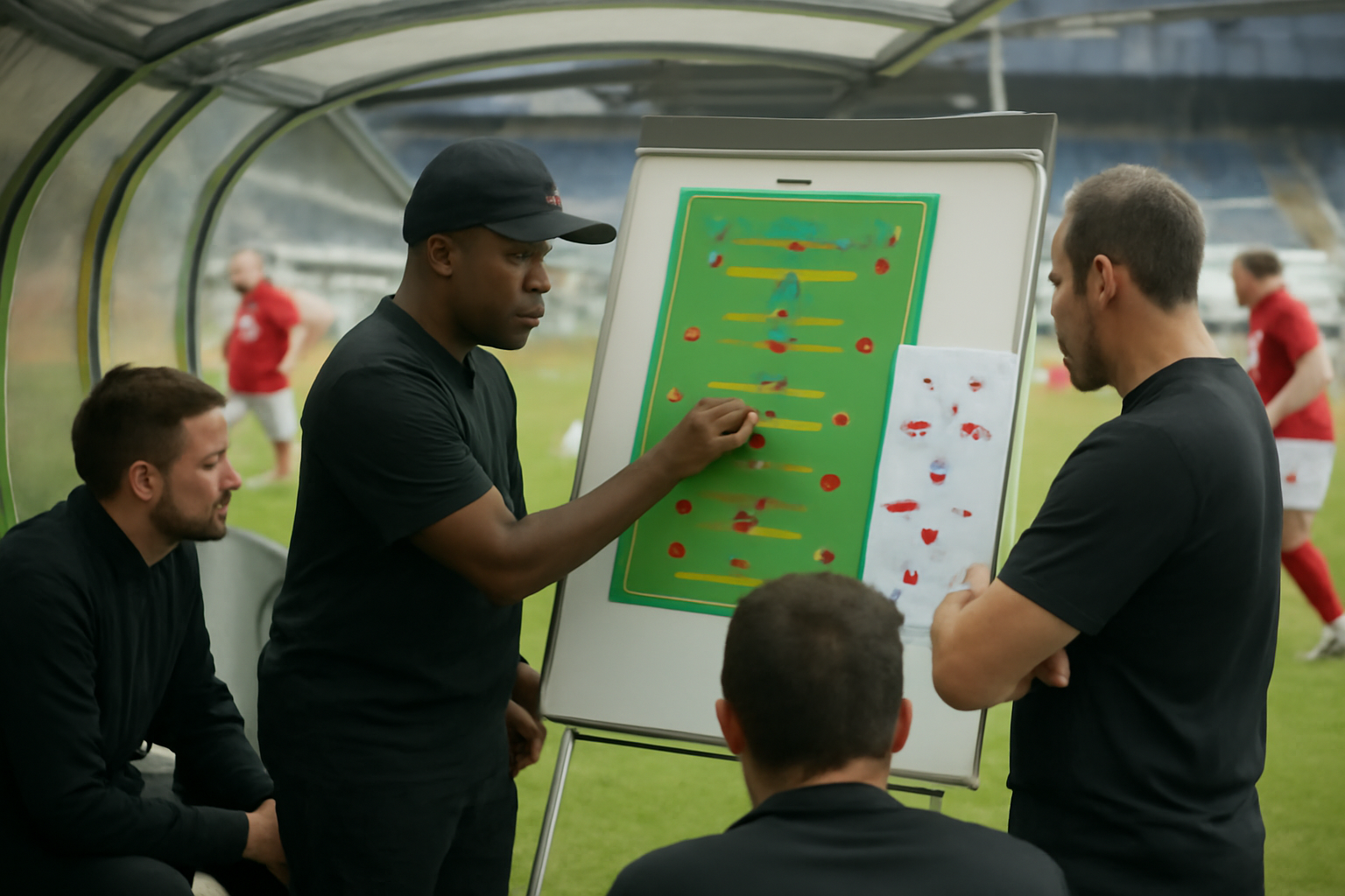 Pelatih dan staf menyusun strategi rotasi pemain di pinggir lapangan sebelum pertandingan