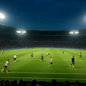 Suasana stadion sepak bola pada malam pertandingan Liga Champions dengan pemain melakukan pemanasan