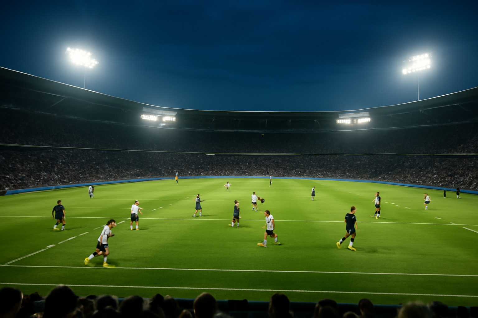 Suasana stadion sepak bola pada malam pertandingan Liga Champions dengan pemain melakukan pemanasan